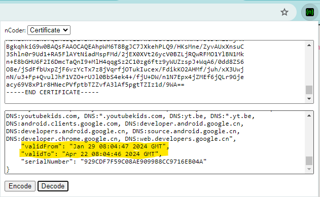 nCode Screenshot, showing highlighted validFrom and validTo timestamps in Zulu time