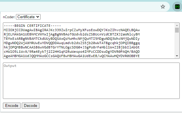 Certificate Input Screenshot. Shows two text boxes with the top one being input filled with a PEM-formatted certificate for Google.com