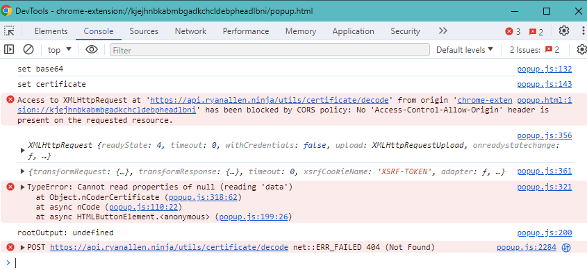 nCode Console Screenshot. Shows Console page with various errors indicating failed network requests