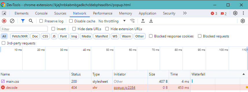 nCode Network Screenshot. Shows Network page with failed request to decode endpoint