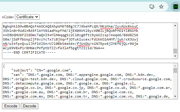 nCode Certificate Input Screenshot. Shows two text boxes, with the the top one being input filled with a PEM-formatted certificate for Google.com, and the bottom one being JSON output describing human-readable information about the certificate.